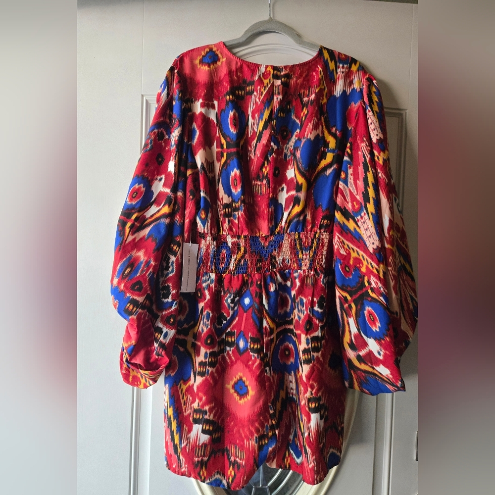 NWTLive 4 Truth Red & Blue Ikat Print  Romper With Balloon Sleeves Plus- Size 2X - Picture 7 of 8